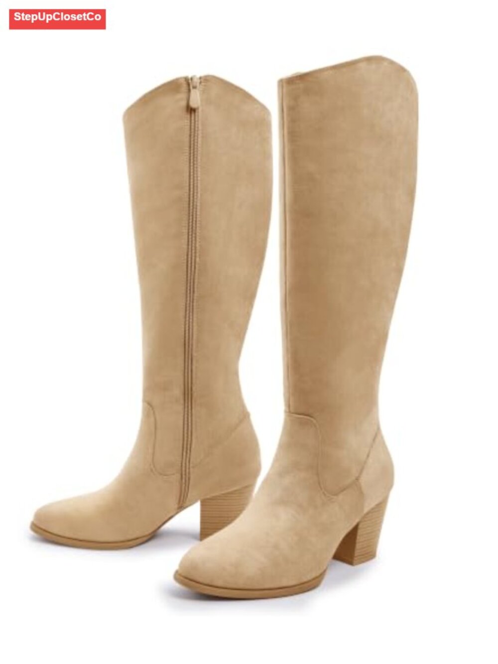 Ankis Women's Knee High Boots Pointed Toe 2.75in Chunky Heel Faux Suede Side